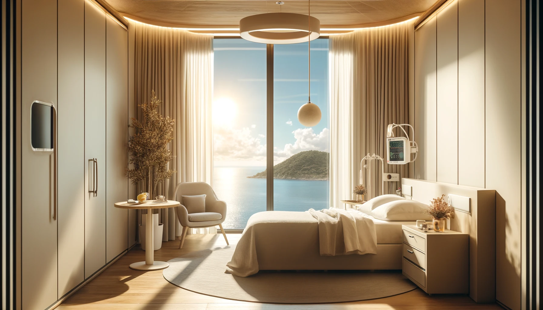 a light recovery room with a view of the Mediterranean Sea through large windows. The room is equipped with a modern bed, a bedside table with a vase of flowers, and a chair.